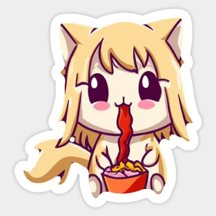 Cat Eating Spaghetti Cute Anime Kitten Sticker